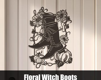 Floral Witch Boots SVG DXF, Halloween Pumpkin Plasma Cut Wall Art