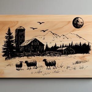 Sheep Moon Charcuterie, Country Scene Cutting Board Laser Engrave SVG, PNG, Lightburn Laser Svg File, Rustic Decor Svg, Wood Sign
