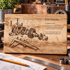 May include: A rectangular wooden plaque featuring a laser-engraved technical drawing of a mechanical bearing assembly and a caliper. The text reads ENGINEER, the phonetic spelling, and a humorous definition about problem solving and open tabs.