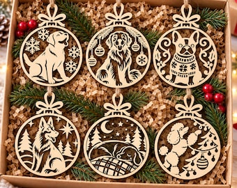 Dog Christmas Ornament SVG Bundle, 6 Breeds Laser Cut Files, Wooden Holiday Decorations DXF
