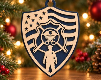 Police Officer Ornament SVG, Patriotic Christmas Laser Cut File, Cop Gift