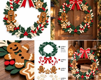 Gingerbread Christmas Wreath SVG DXF | 4 Layer Laser Cut Door Sign File
