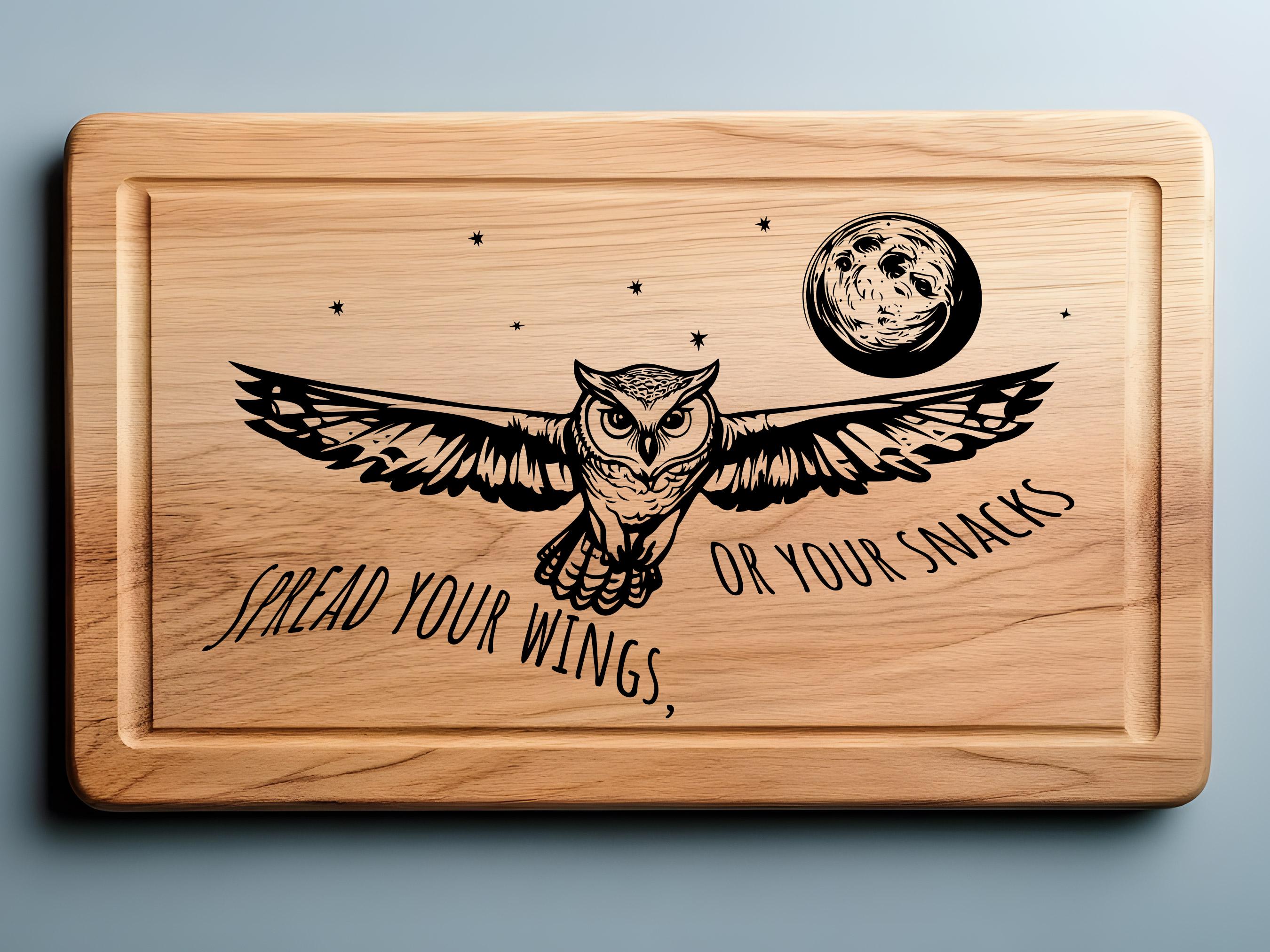 Owl Charcuterie Cutting Board Laser Engrave SVG File, Moon svg, png, Lightburn Laser SVG File, Wood 
