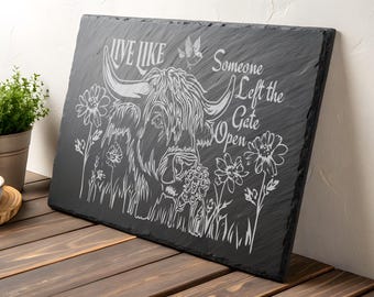 Highland Cow And Flowers Slate Engraving SVG, PNG, Cutting Board Laser Engraved, Cow Gift Glowforge, Highland Cow Svg, Slate Cheese Boards