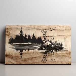 SVG de corzo, grabado de vida silvestre con reflejo en el lago, arte para cabaña de caza, archivo láser rústico