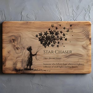 Könnte beinhalten: Holzschneidebrett mit Gravur. Das Design zeigt ein Kind, das sternförmige Ballons hält, mit den Worten "STAR CHASER" und einer Definition. Das Brett hat eine natürliche Holzmaserung.