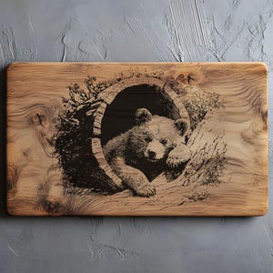 Niedźwiadek w wydrążonym pniu SVG PNG, Urocze leśne zwierzątko SVG, Projekt grawerunku leśnego, Urocze leśne zwierzątko SVG, Rustykalny projekt grawerunku laserowego