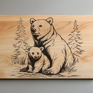 Bear With Cub Charcuterie Cutting Board Laser Engrave SVG File, Forest Landscape Svg, Png, Lightburn Laser SVG File, Wood Sign, Bear Svg