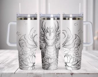 Dragon Lotus Tumbler Wrap SVG Seamless, 40oz Tumbler Full Wrap, Laser Engraved Svg, Tumbler Laser File, Laser Svg For Tumbler.