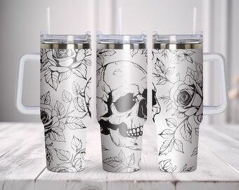 Arquivo SVG e PNG para gravação de capa de copo térmico com caveira e rosas | Design gótico floral de caveira para copo de 1,2 litro | Arquivo para gravação sem emendas em copos térmicos com alça
