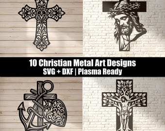 10 Christian Cross SVG DXF Bundle, Jesus Crucifix Plasma Cut Wall Art