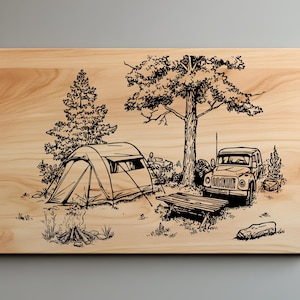 Camping Cutting Board Laser Engrave SVG File, Charcuterie Camping Scene Svg, Png, Lightburn Laser SVG File, Wood Sign, Camp Life Svg