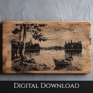 SVG "Reel Therapy", gravação a laser de um lago tranquilo para pesca, ideal para placas de cabanas.
