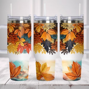 Autumn Fall Vibes 40oz Large Tumbler with Handle Wrap. PNG Fall Tumbler Design Sublimation Designs Downloads - PNG. Seamless Design