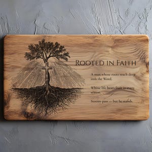 May include: Wooden plaque with the words "ROOTED IN FAITH" and an illustration of a tree with a cross. The tree's roots are visible, and the plaque includes inspirational text about faith and resilience. The wood has a natural grain.