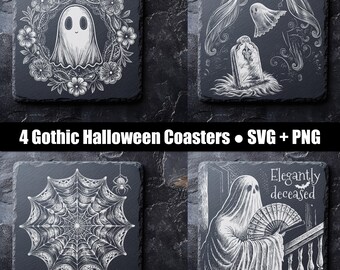May include: Four square slate coasters featuring white engraved designs: a ghost in a floral wreath, a ghost hovering over a tombstone, a detailed spider web with a spider, and a ghost holding a fan with the text Elegantly deceased.