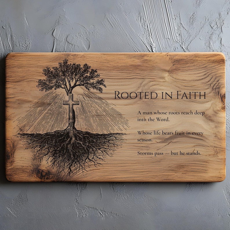 May include: Wooden plaque with the words "ROOTED IN FAITH" and a tree with a cross incorporated into its design. The plaque also includes inspirational text about faith and resilience. The wood has a natural grain.