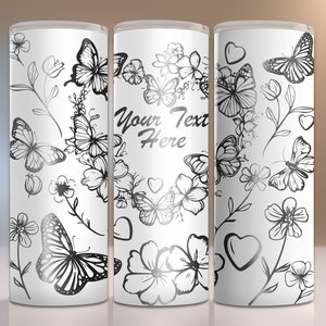 Lägg till din text blommigt hjärta fjäril tumbler svg, 20oz tumbler full wrap laser svg, lasergraverad svg, tumbler laserfil, laser svg