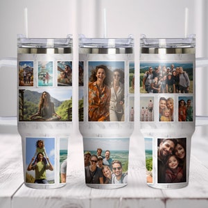May include: Three stainless steel travel mugs with white marble-like designs and various photos of people and landscapes printed on them. Each mug has a clear lid and a handle.