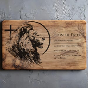 May include: Wooden plaque with a lion illustration and the words "Lion of Faith." The lion is depicted in profile within a circle, with a cross on the left. Text includes phrases about faith and truth.