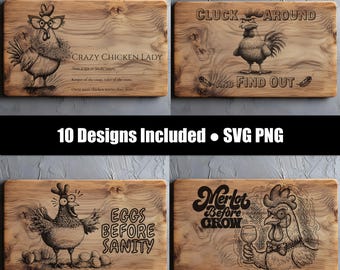 Grappige kippenbundel SVG PNG, 10 boerderijstijl laser graveerontwerpen voor snijplanken