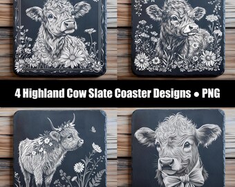 Highland Cow Coaster Bundle PNG | Floral Farmhouse Slate Designs