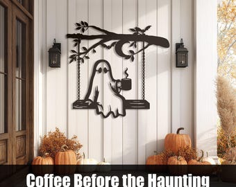 Coffee Ghost on Swing SVG DXF, Halloween Plasma Cut Metal Wall Art