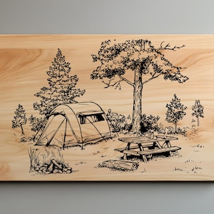 Camping Cutting Board Laser Engrave SVG File, Charcuterie Camping Scene Svg, Png, Lightburn Laser SVG File, Wood Sign, Camp Life Svg