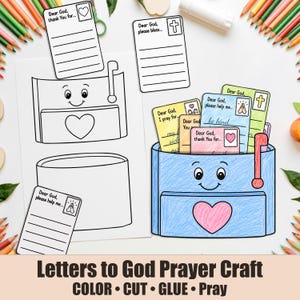 May include: A paper craft activity featuring a mailbox with a smiling face and a heart on the front. The set includes black and white templates and coloured examples of prayer cards with text like Dear God, thank You for and Dear God, please help me.