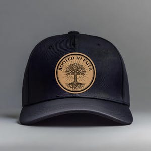 Rooted in Faith Hat Patch SVG PNG | Christian Tree Cross Laser Engraving File | Leatherette Badge Design
