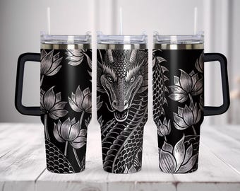 Dragon Lotus Tumbler Wrap SVG PNG Seamless, 40oz Quencher Full Wrap, Laser Engraved Files
