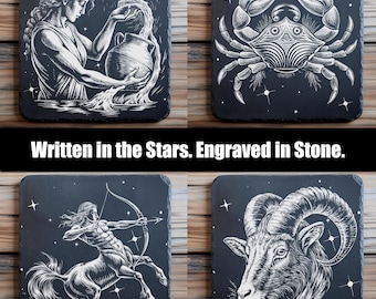 Zodiac Slate Coaster PNG SVG Bundle | Astrology Laser Engraving Set, 12 Horoscope Designs