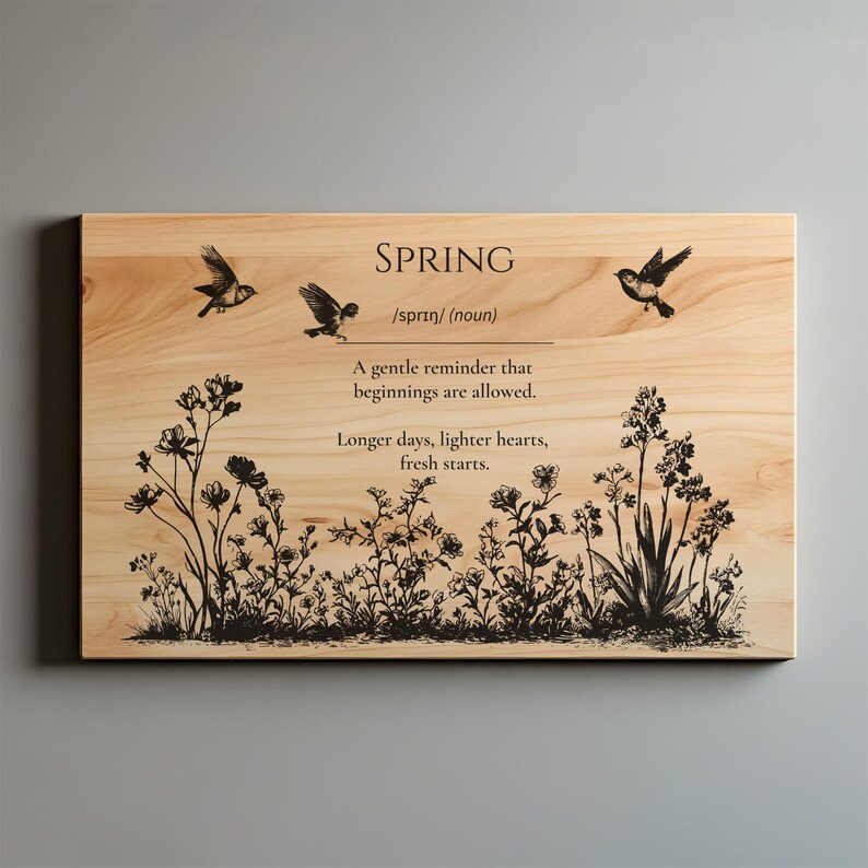 K&ouml;nnte beinhalten: Holzschild mit dem Wort "SPRING" und einer Definition, verziert mit Vogel- und Blumenillustrationen. Der Text lautet: "Eine sanfte Erinnerung daran, dass Anf&auml;nge erlaubt sind. L&auml;ngere Tage, leichtere Herzen, frische Starts."