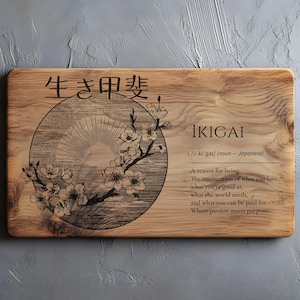 以下が含まれることがあります： 「IKIGAI」の文字と日本語の文字が書かれた長方形の木製プレート。桜の枝の円形イラストがデザインされています。「IKIGAI」とは、生きがい、情熱、目的を意味する言葉として定義されています。