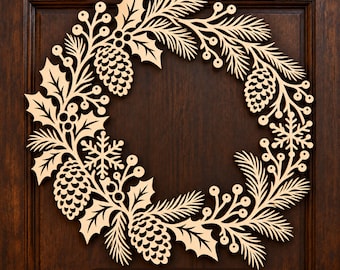 Winter Wreath SVG DXF | Pinecone Holly Laser Cut Door Decor