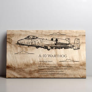 Puede incluir: Placa de madera con un dibujo lineal detallado de un avión A-10 Warthog. El texto "A-10 WARTHOG" se muestra debajo del avión, junto con texto descriptivo sobre sus características y propósito.