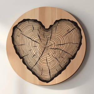 May include: A round wooden wall art piece featuring a heart-shaped tree ring design. The heart-shaped tree ring is black and is set against a light-colored wood background. The wood grain is visible.