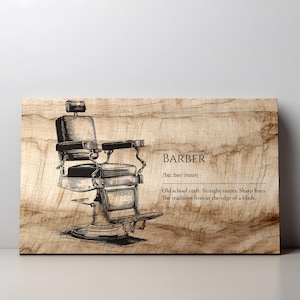 Puede incluir: Impresión de estilo vintage con un boceto detallado de una silla de barbero. La palabra "BARBER" se muestra encima de una definición, con texto sobre la artesanía de la vieja escuela y las navajas rectas. El fondo tiene una textura de vetas de madera.