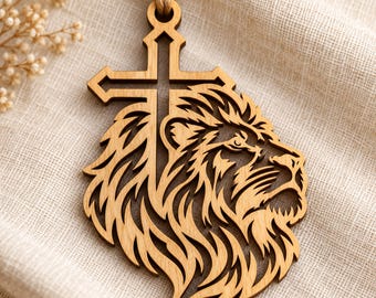 Lion Cross SVG DXF, Christian Keychain Laser Cut, Faith Pendant, Religious Gift for Men