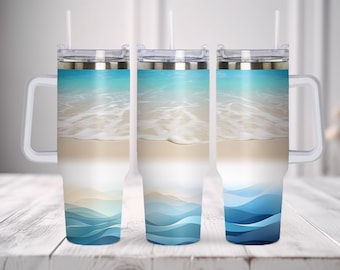 Vaso grande Tropical Beach de 40 oz con asa. Descargas de diseños de sublimación de diseño de vaso océano PNG - PNG. Diseño sin costuras