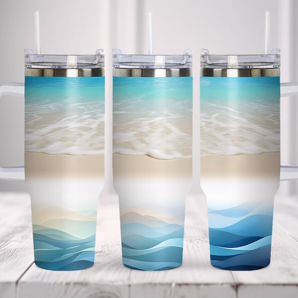 Tropical Beach 40oz Large Tumbler with Handle Wrap. PNG Ocean Tumbler Design Sublimation Designs Downloads - PNG. Seamless Design