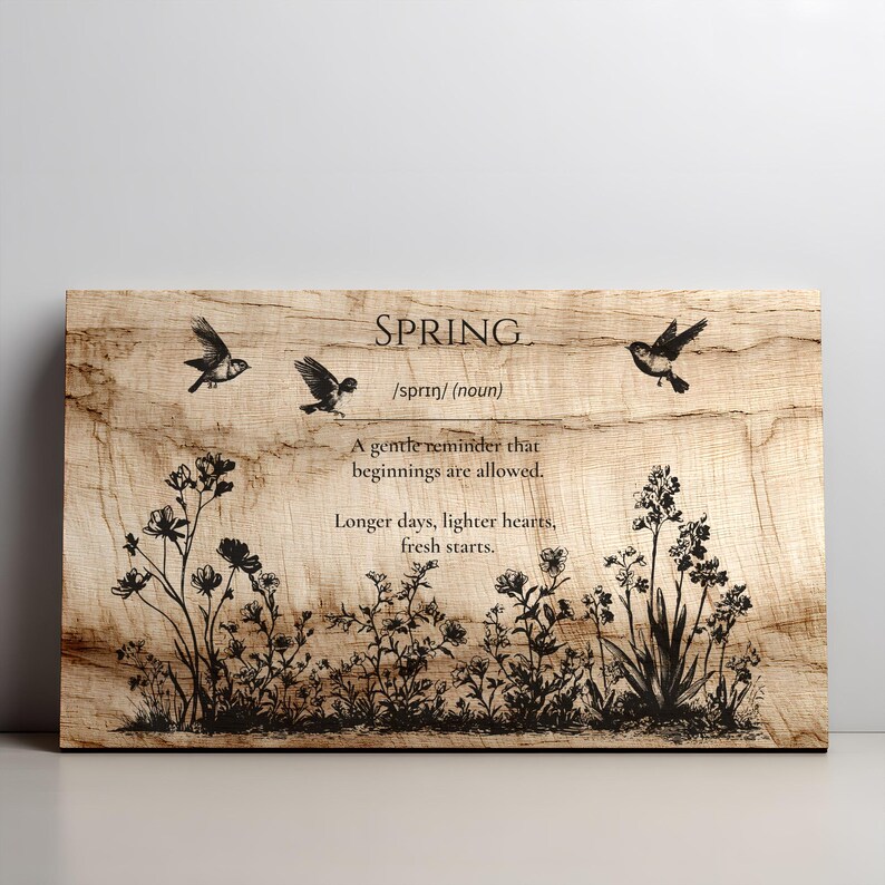 K&ouml;nnte beinhalten: Holzschild mit dem Wort "SPRING" und seiner Definition, begleitet von Illustrationen von V&ouml;geln und floralen Elementen. Das Schild enth&auml;lt den Text "A gentle reminder that beginnings are allowed. Longer days, lighter hearts, fresh starts."