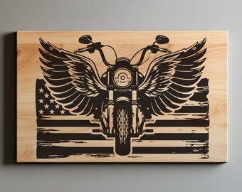 Motorcycle with Flag SVG PNG Tray Cutting Board, Charcuterie, Biker Cutting Board, Cutting Board Png, Laser Svg File, Wood Sign