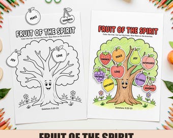 Fruit of the Spirit Tree Craft Printable, Sunday School Cut and Paste Activity for Kids, Galatians 5:22–23 PDF