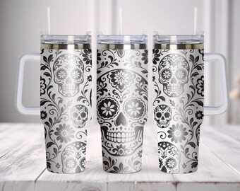 Sugar Skull 40oz Tumbler Wrap SVG PNG, Floral Laser Engraving Seamless Design