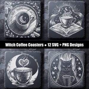 Witch Coffee Coaster Bundle SVG PNG | Magical Slate Engraving Files | 12 Cozy Witch Designs