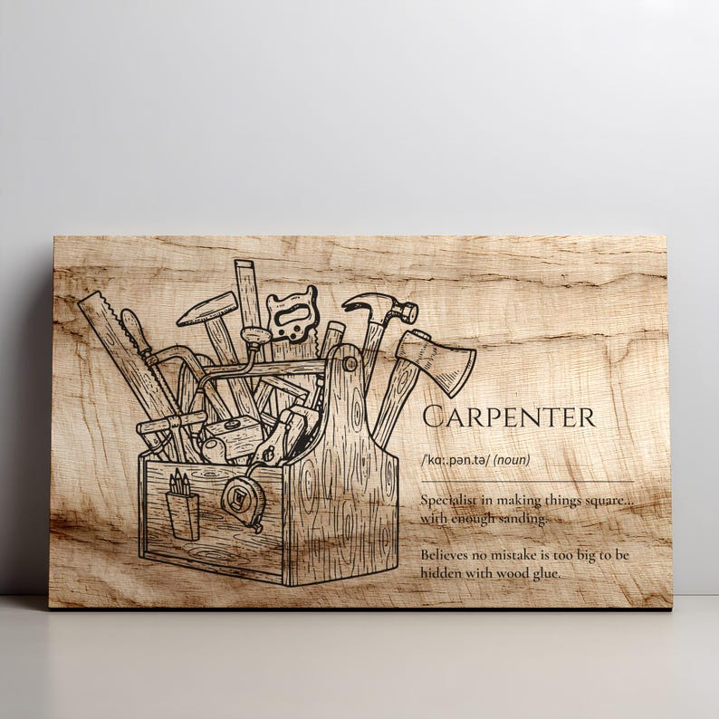 May include: Wooden sign featuring a detailed illustration of a carpenter's toolbox filled with tools. The word "CARPENTER" is displayed with a definition and quotes about the trade. The sign has a natural wood grain background.