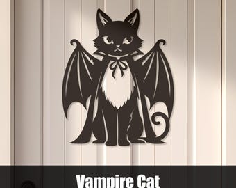 Vampire Cat SVG DXF, Halloween Bat Wings Plasma Cut Metal Wall Art