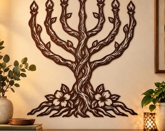 Tree of Life Menorah SVG, Jewish Wall Art Cutout, Judaica Laser Cut File