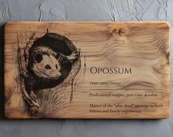 May include: Wooden chopping board featuring an engraved opossum illustration. The opossum is emerging from a tree hollow. Text reads "OPOSSUM" with a definition and humorous description. The board has a natural wood grain.